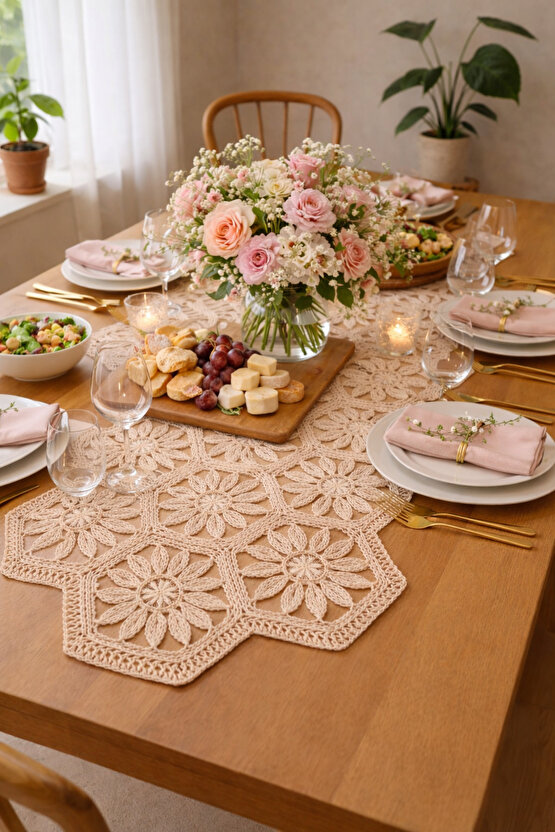 Fransız Dantel Detaylı Tek Runner, Masa Üzerine Runner, Masa Örtüsü