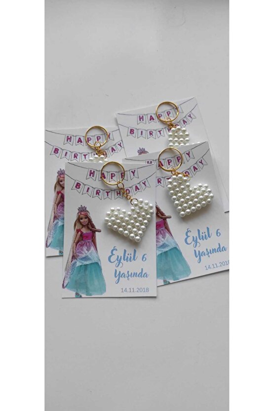 Prensesli Kartlı-incili Kalpli Hediyelik Anahtarlık Doğum Günü Hediyelik 8 Adet