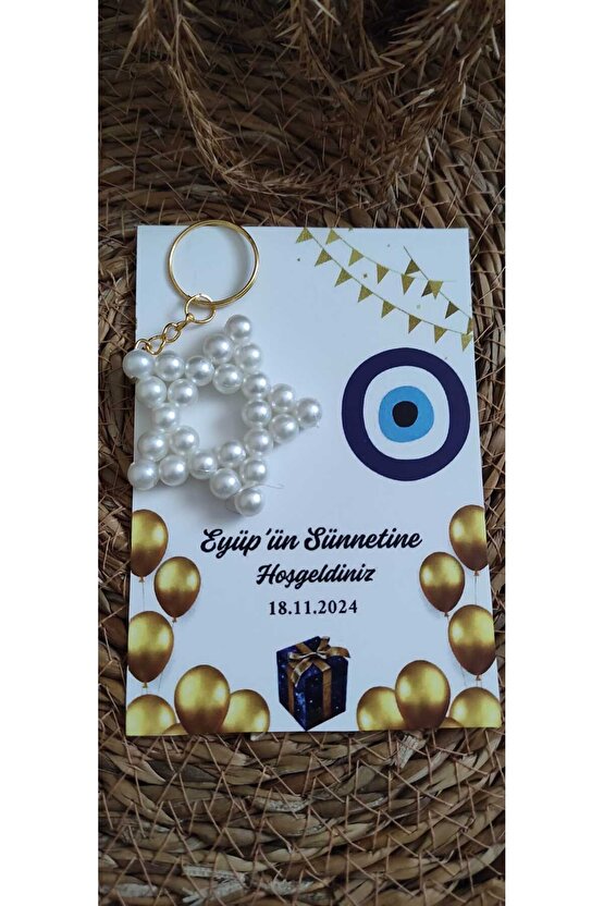 Sünnet Hediyelik Incili Yıldız Anahtarlık 4 Adet Anı Kartlı Nazar Boncuklu