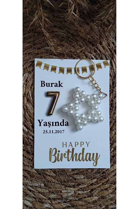 Doğum Günü Hediyelik Incili Yıldız Anahtarlık 8 Adet Anı Kartlı