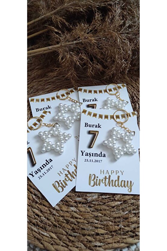 Doğum Günü Hediyelik Incili Yıldız Anahtarlık 8 Adet Anı Kartlı
