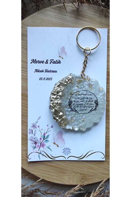 Epoksi Hediyelik Anahtarlık 8 Adet-nazar Ayeti Baskılı-kişiye Özel Tasarım Kart-söz-nişan-nikah