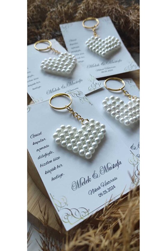 Birgülce Incili Kalp Hediyelik Anahtarlık 10 Adet Söz-nişan-nikah-mevlüt- Özel Tasarım Hatıra