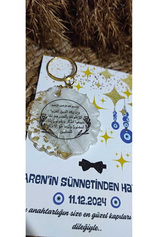 Nazar Ayeti Baskılı Anahtarlık 8 Adet Sünnet Hatırasıözel Tasarım Nazar Boncuk Tasarımlı