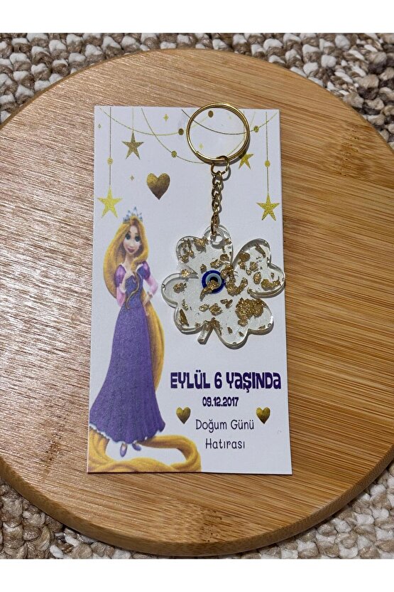 Epoksi Anahtarlık 10 Adet Doğum Günü Özel Tasarım Kart Rapunzel Prensesli Konseptli