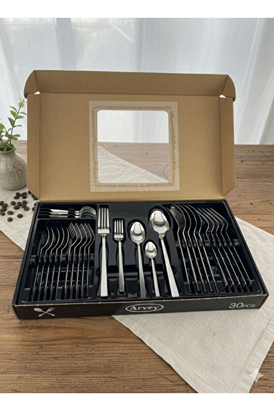 Kutulu 30 Parça 6 Kişilik Çatal Kaşık Takımı Düz Model