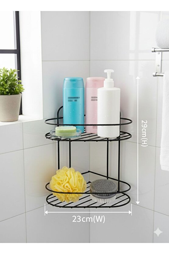 Siyah 2 Katlı Banyo Köşeliği Şampuanlık Köşelik Banyo Rafı Düzenleyici Raf Vidalı - Yapışkanlı