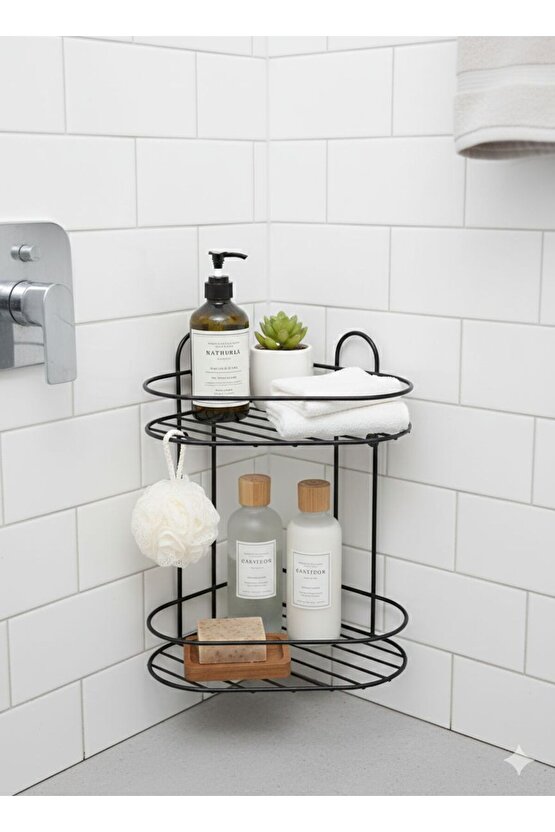 Siyah 2 Katlı Banyo Köşeliği Şampuanlık Köşelik Banyo Rafı Düzenleyici Raf Vidalı - Yapışkanlı