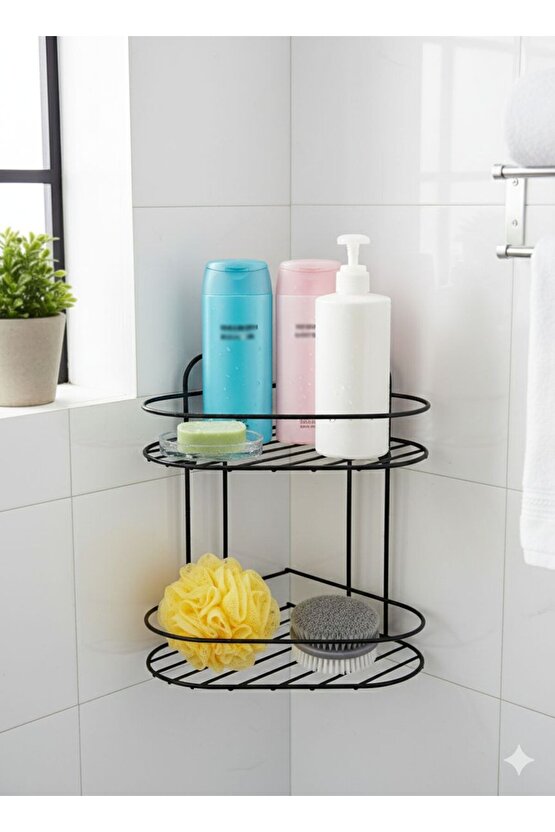 Siyah 2 Katlı Banyo Köşeliği Şampuanlık Köşelik Banyo Rafı Düzenleyici Raf Vidalı - Yapışkanlı