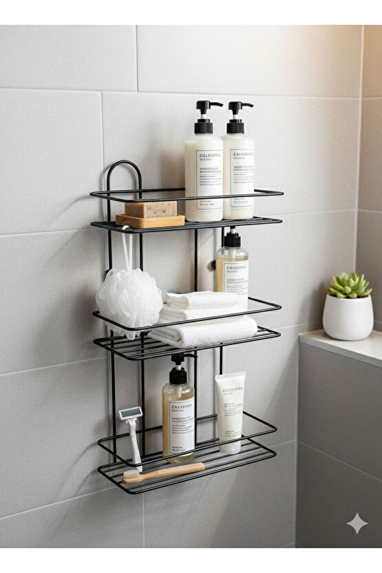 Ömür Boyu Paslanmaz Vidalı -Yapışkanlı 3 Katlı Banyo Rafı Duş Şampuanlık Duvar Düzenleyici Organizer