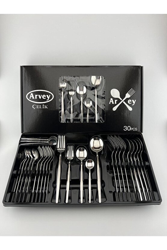 Round Yeni Nesil 30 Parça 6 Kişilik Çatal Kaşık Takımı Paslanmaz Çelik (Kutulu)