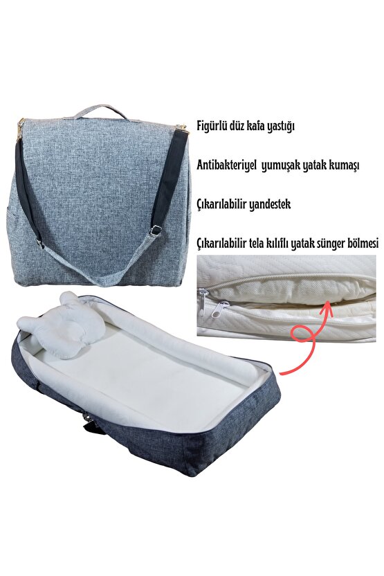 Çantalı Babynest, Bebek Çantası, Taşına Bilir Ebeveyn Yanı Reflü Yatağı Gri Dokuma Kumaş