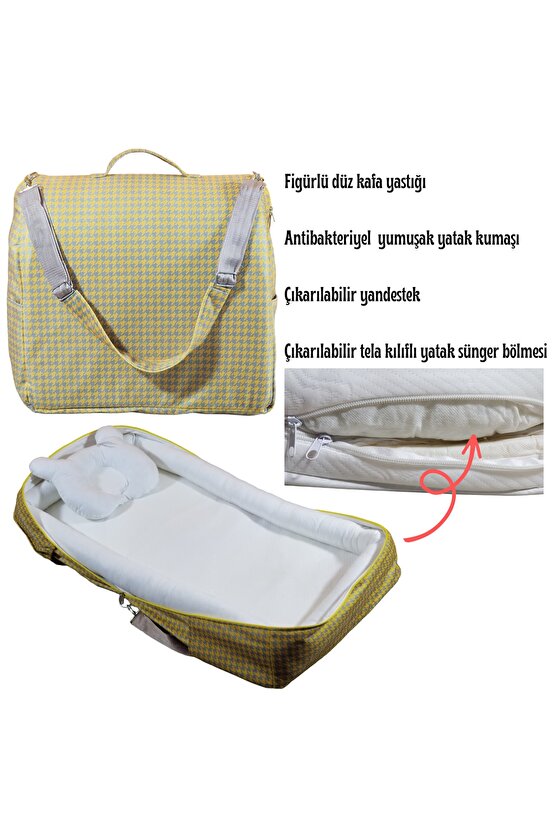 Çantalı Babynest, Bebek Çantası, Taşına Bilir Ebeveyn Yanı Reflü Yatağı Kazayağı Desenli