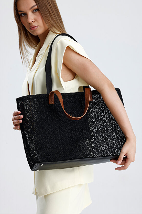 Kadın Siyah Dantel Desenli Büyük Boy Plaj Ve Alışveriş Shopper Tote Omuz Çantası