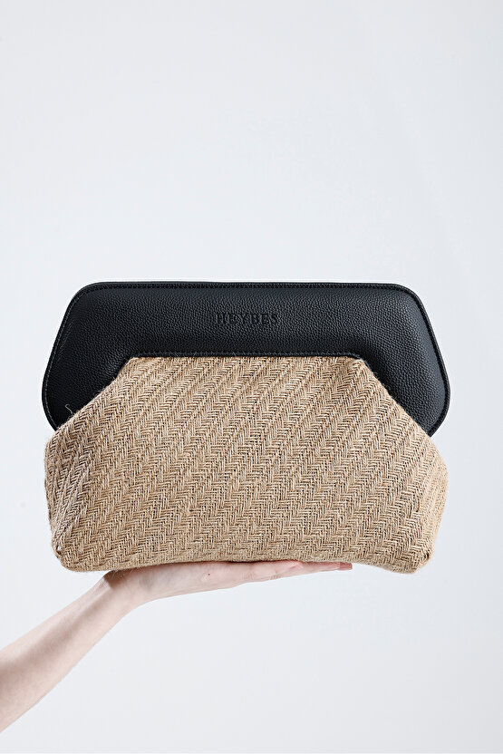 Heybes Kadın Siyah Çerçeveli Balık Sırtı Jüt Clutch El Çantası