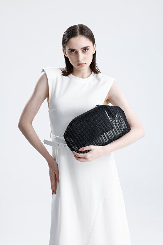 Heybes Kadın Siyah Petek Desenli Şeffaf Clutch El Çantası