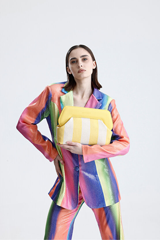 Heybes Kadın Sarı Çizgi Desenli Kanvas Clutch El Çantası