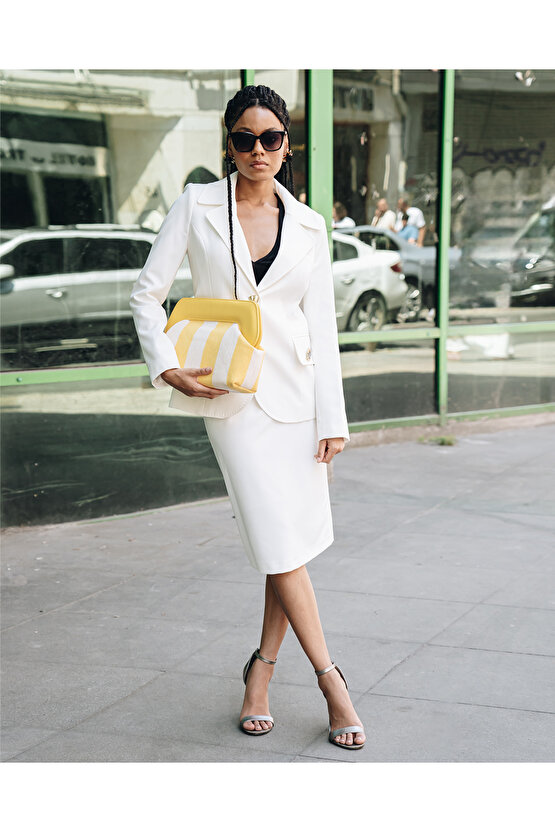 Heybes Kadın Sarı Çizgi Desenli Kanvas Clutch El Çantası