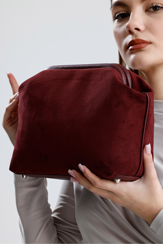 Heybes Kadın Bordo Süet Clutch El Çantası