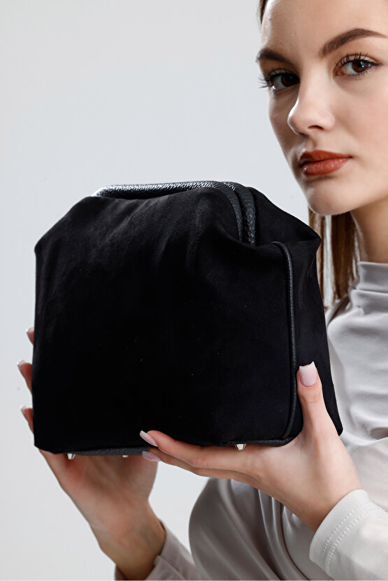 Heybes Kadın Siyah Süet Clutch El Çantası