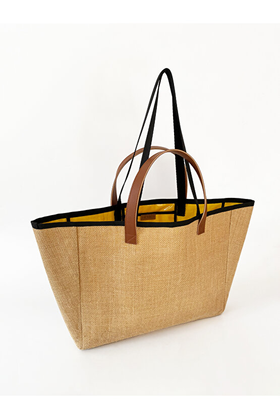 Kadın Sarı Su Geçirmez Astarlı Jüt Hasır Büyük Boy Plaj Ve Alışveriş Shopper Tote Omuz Çantası