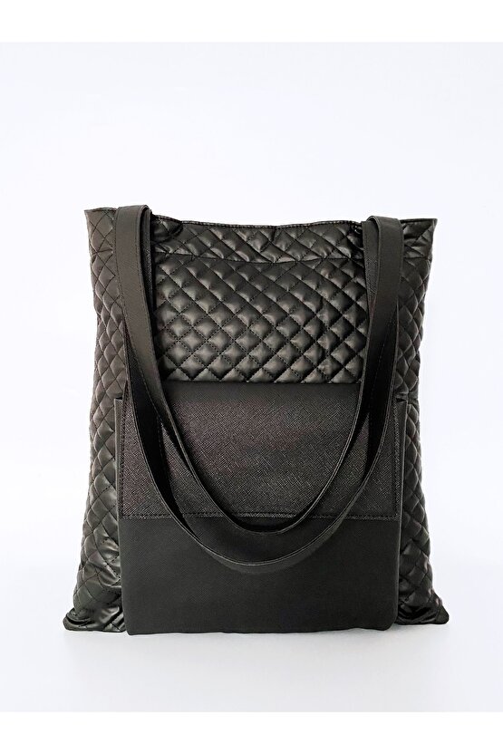 Kadın Siyah Cepli Kapitone Omuz Çantası