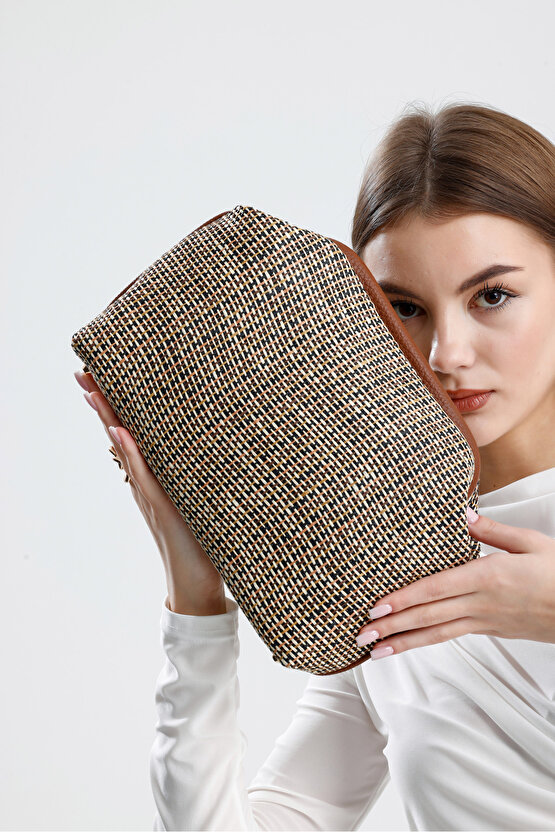 Heybes Kadın Kahve Biyeli Çizgili Jüt Hasır Clutch El Çantası