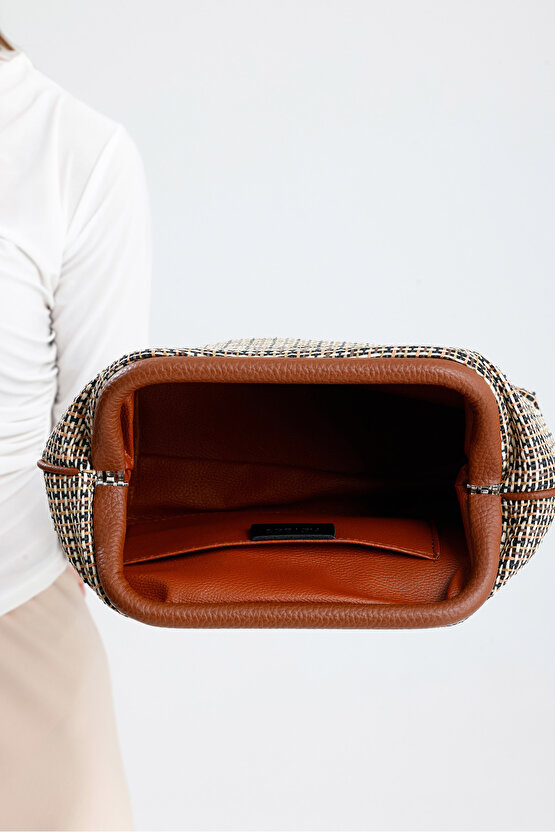 Heybes Kadın Kahve Biyeli Çizgili Jüt Hasır Clutch El Çantası