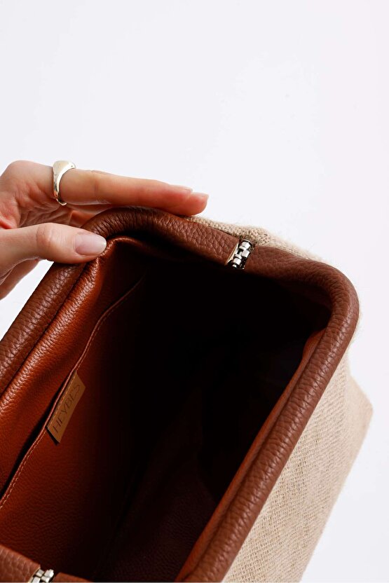 Heybes Kadın Kahve Biyeli Jüt Hasır Clutch El Çantası