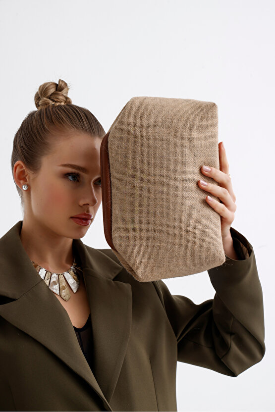 Heybes Kadın Kahve Biyeli Jüt Hasır Clutch El Çantası