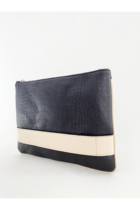 Bantlı Siyah Kroko Desenli Portföy Çanta
