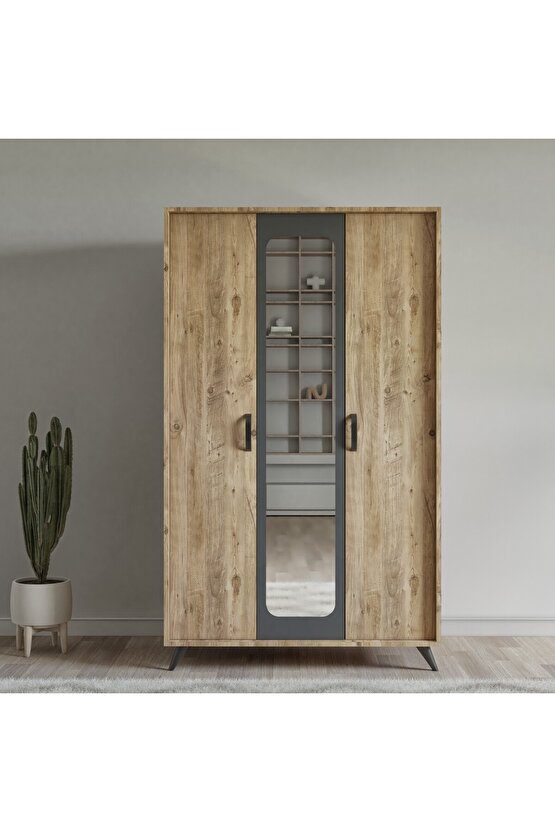 Lotuss 3 Kapılı Aynalı Gardrop Çam-Antrasit