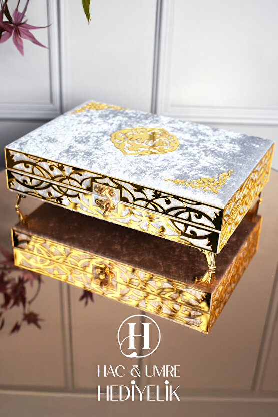 Kadife Kaplı Kutulu Kuranı Kerim | Hediyelik Kuran | Lüks Ahşap Kutu, Kuran, Şal ve İnci Tesbih Seti