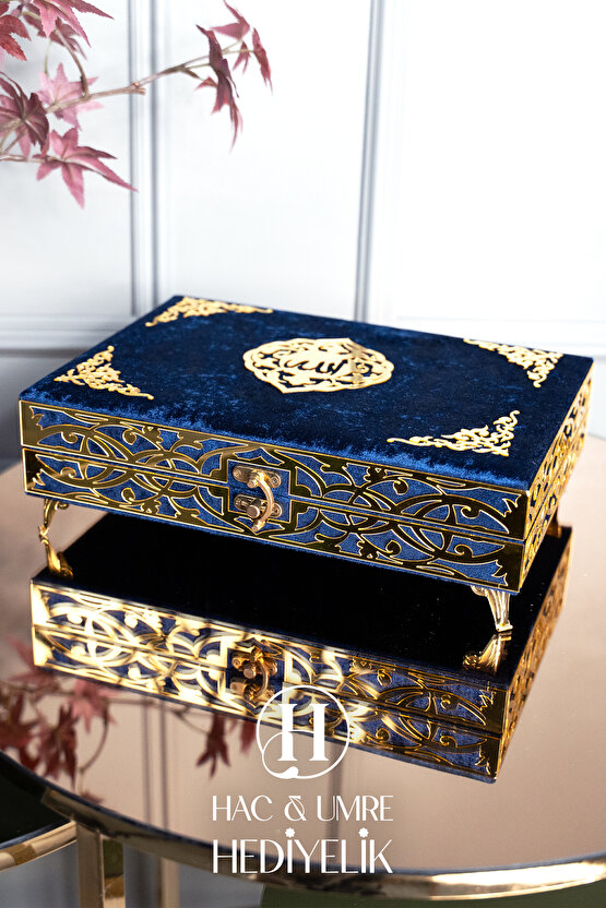 Hediyelik Kuranı Kerim | Kuran Hediyesi | Lüks Ahşap Kutu, Kadife Kuran, Şal ve İnci Tesbih Seti