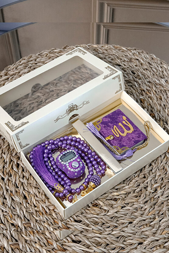 10 Adet Taşlı Zikirmatik Tesbihmatik Kadife Kaplı Mini Kuran 99lu İnci Tesbih Seti