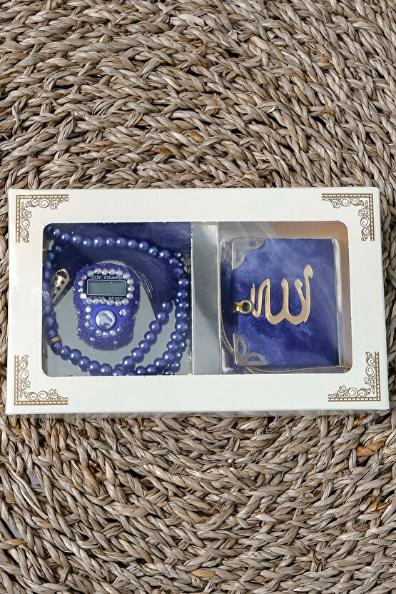 10 Adet - Taşlı Zikirmatik Tesbihmatik Kadife Kaplı Mini Kuran 99lu İnci Tesbih Seti