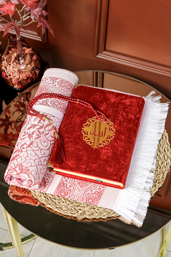 Hediyelik Kuran Seti Rahleli Ahşap Kuran Standı Kadife Kuran İnci Tesbih Seccade Seti