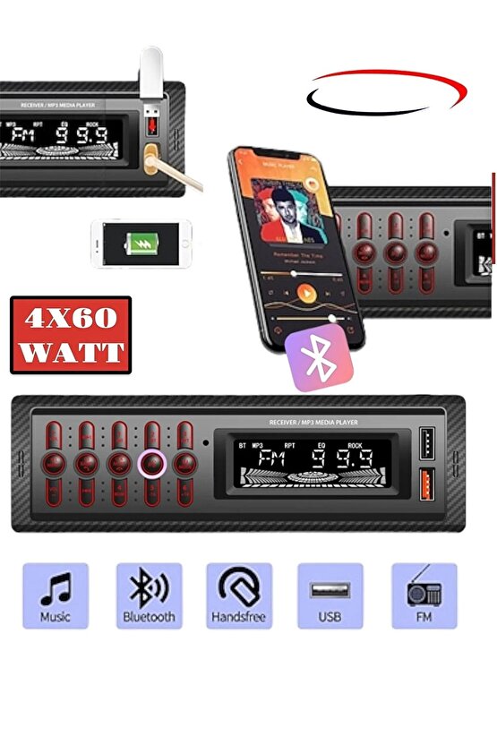 Çift Usb Girişli Bluetooth Oto Teyp Araba Teybi Radyo Sd Aux Amfi Çıkışlı Kumandalı 4x60 watt