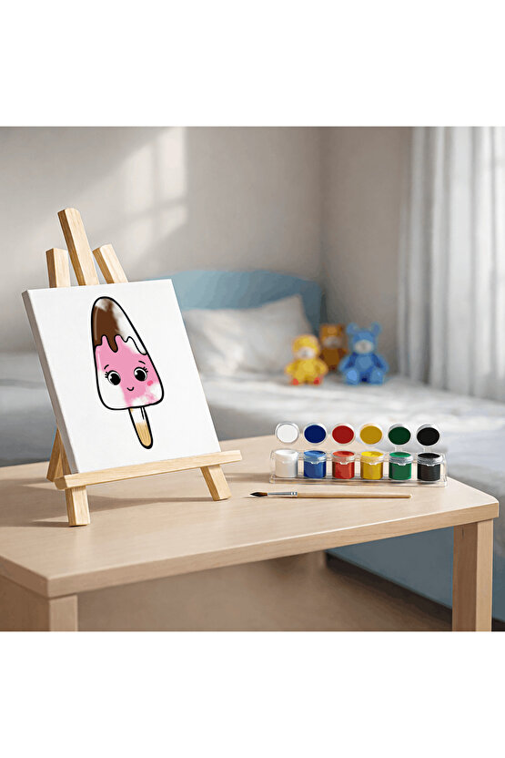 Çocuklar İçin Tuval Boyama Seti (Tuval, Fırça ve 6 Renk Akrilik Boya Seti) 20x20 Cm