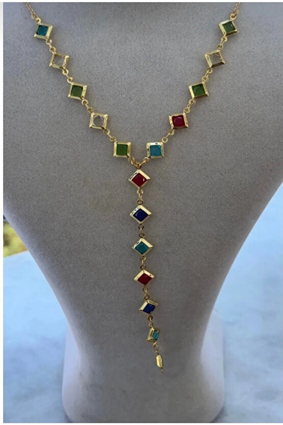 Kadın Gold Renk Zirkon Taşlı Renkli Y Model Kolye