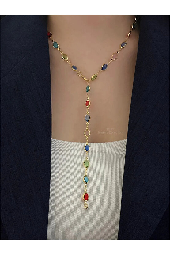 Renkli Oval Taşlı Y Kolye