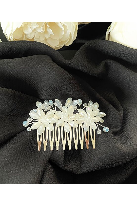 Beyaz Damla Taş Detaylı Zarif Nişan, Gelin Taraklı Saç Aksesuarı