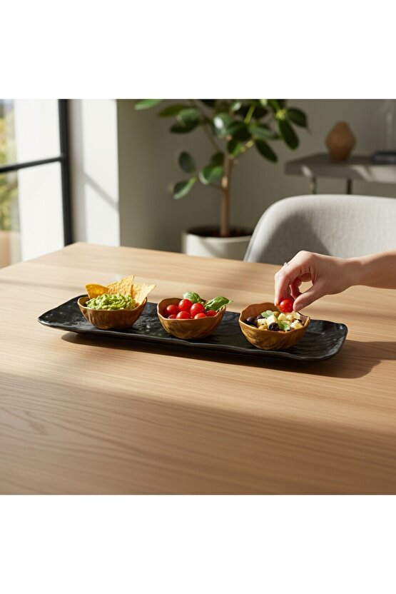 Wood Glam 41cm Porselen Kayık Sunum Tabağı  Porselen Sosluk Kase 9cm