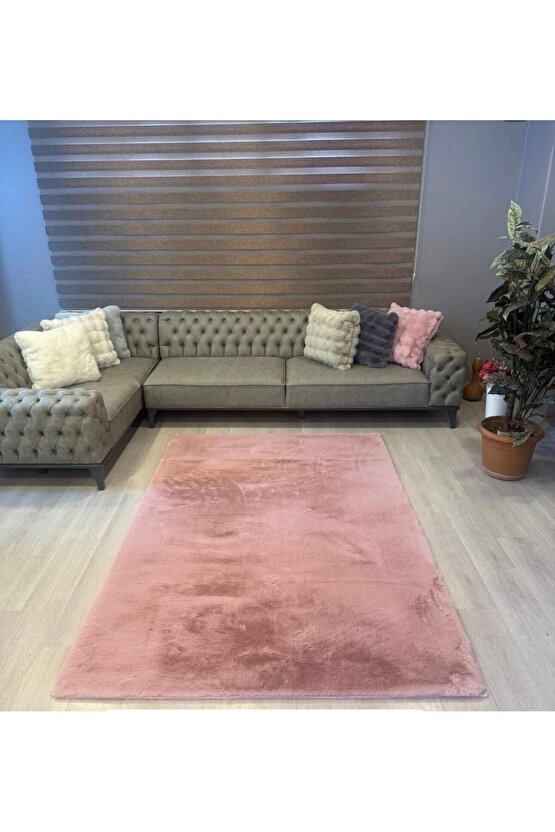 Premium Yumuşacık Tavşan Tüyü Serisi Tüy Dökmez Kaymaz Dokuma Taban Peluş Halı Pudra