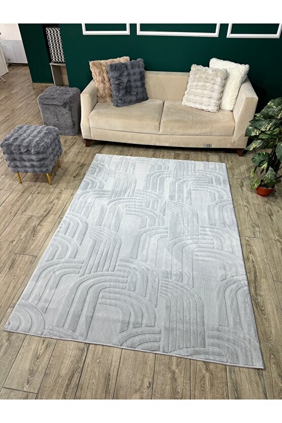 Modern Yumuşak Dokulu Tüy Dökmez Yıkanabilir Tavşan Tüyü Peluş Halı Gri