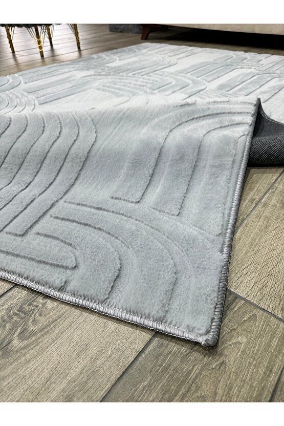 Modern Yumuşak Dokulu Tüy Dökmez Yıkanabilir Tavşan Tüyü Peluş Halı Gri
