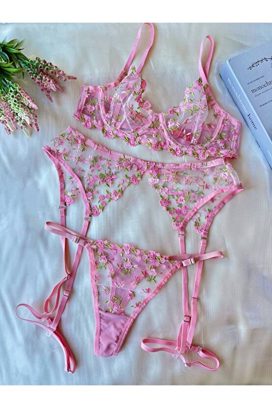 3lü Çiçek İşlemeli Dantel Tül Jartiyer Takımı