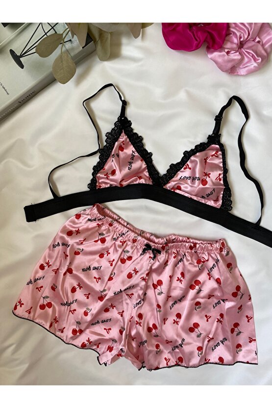 Saten Bralet Şort Takım
