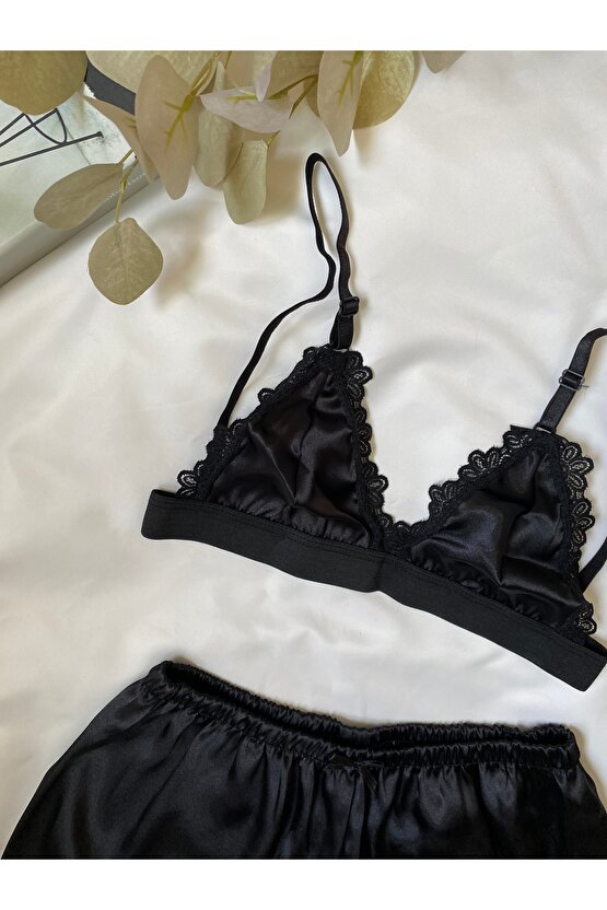 Saten Bralet Şort Takım
