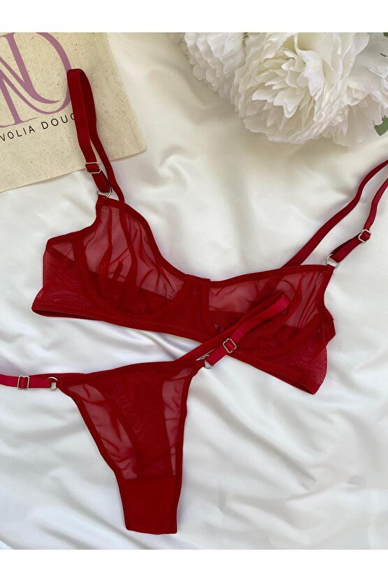 Kırmızı Tül Sütyen Takımı